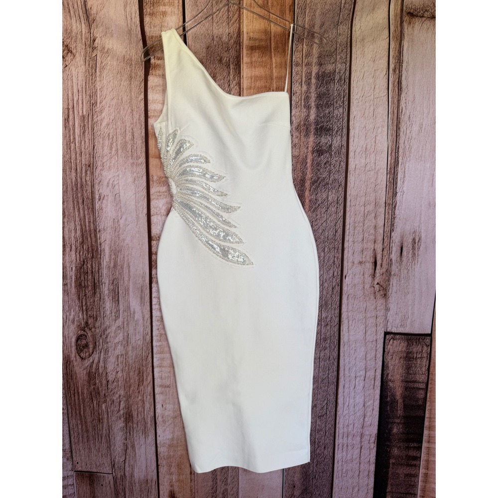 Bella Barnett Dress One Shoulder Beaded Bodycon Midi White‎ Glam Date Small NWT